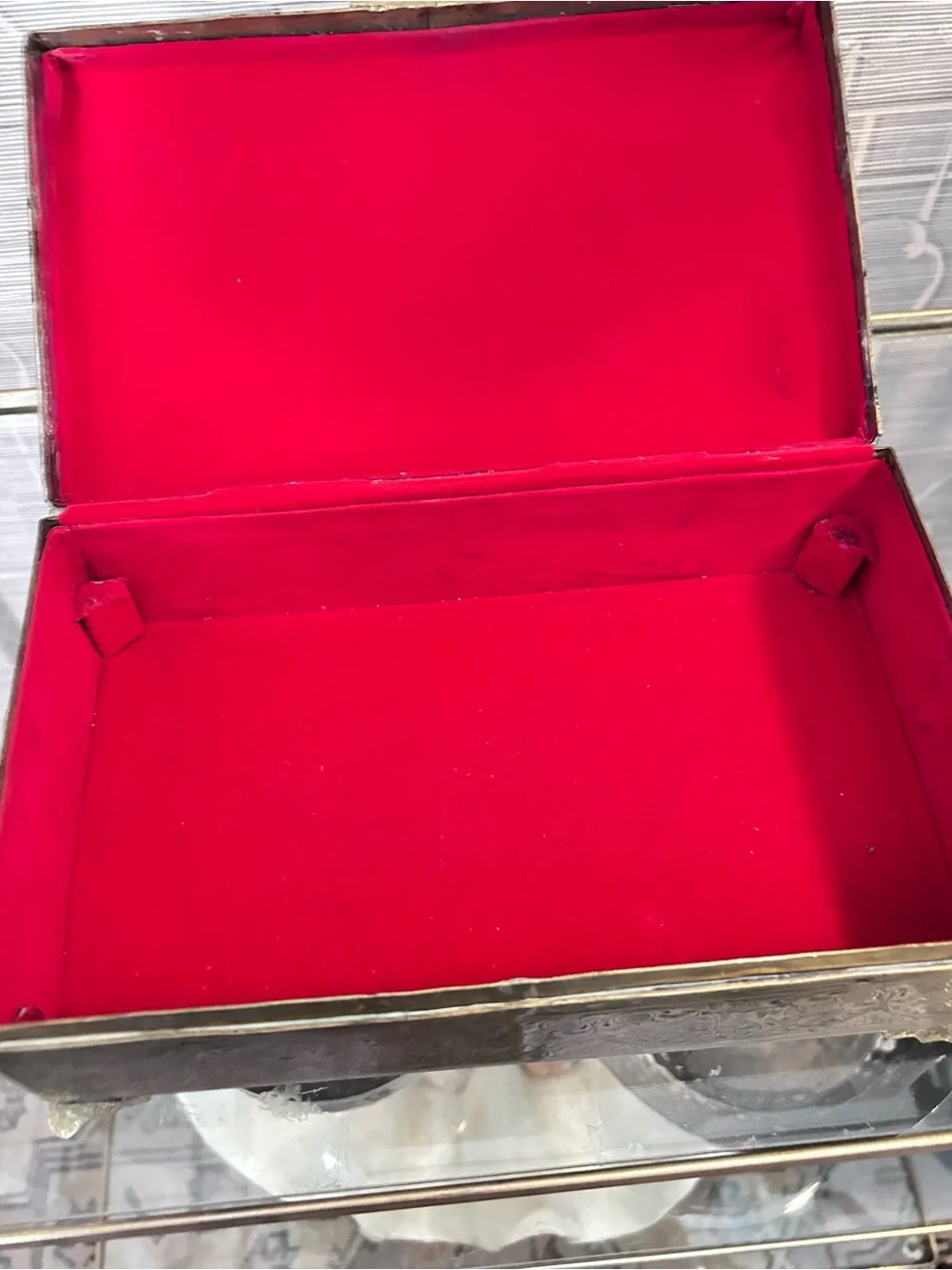 Vintage Etched Brass Jewelry Box Red Velvet Lined Trinket Box